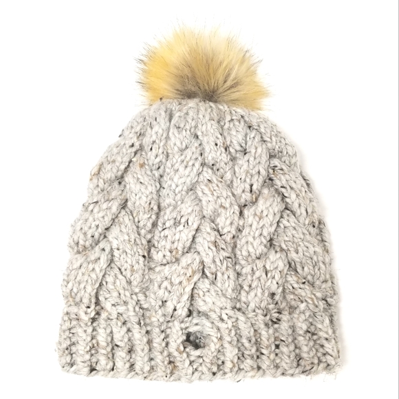 Accessories - Handmade Speckled Acrylic Mohair Beanie with Faux Fur Pom & Ponytail Hole